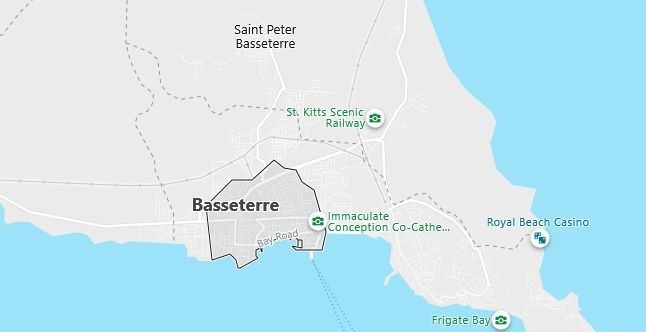 Map of Saint Kitts and Nevis Basseterre in English